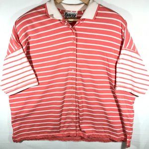 Genesis Women Large Salmon & White Stripe Short Sleeve Button Up Top